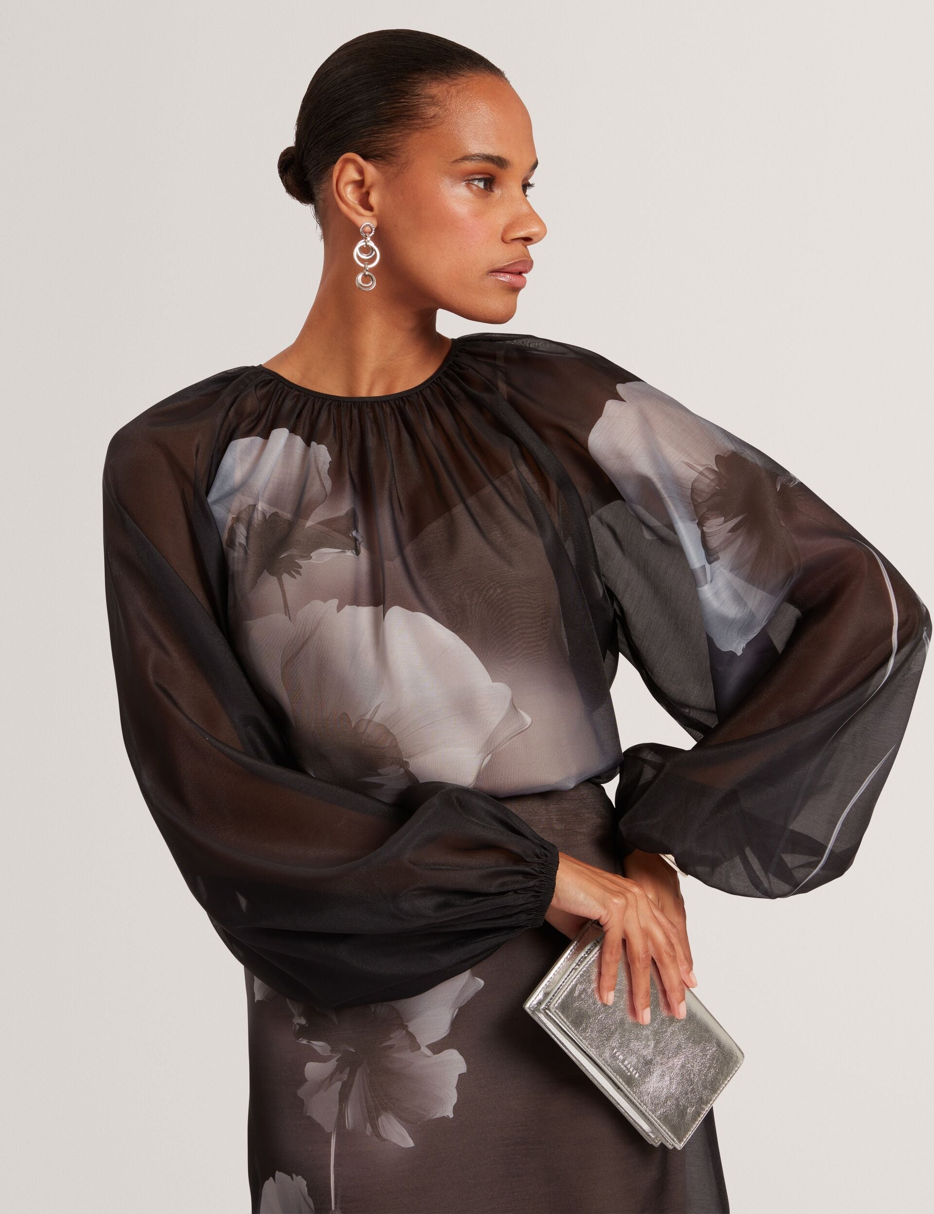 Ted Baker Black Floral Graphic Long Sleeve Organza Blouse Women's