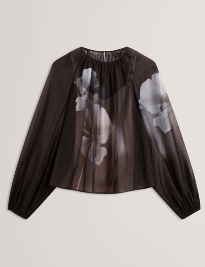 Ted Baker Black Floral Graphic Long Sleeve Organza Blouse Women's