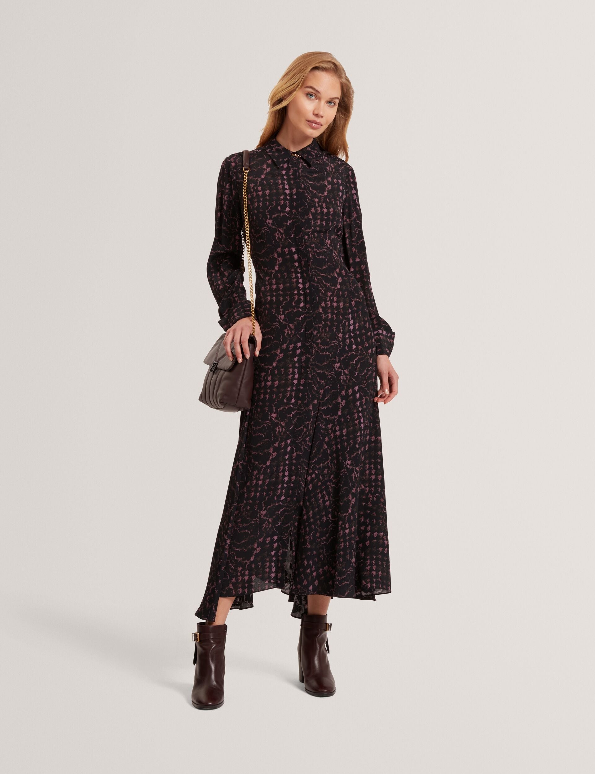 Ted Baker Biscaya Floral Check Asymmetric Midi Shirt Dress Women's