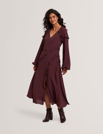 Ted Baker Oxblood Frill Trim Long Sleeve Crepe Midi Dress Women's