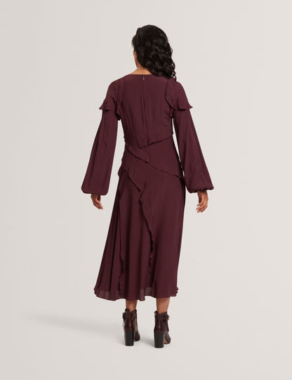 Ted Baker Oxblood Frill Trim Long Sleeve Crepe Midi Dress Women's
