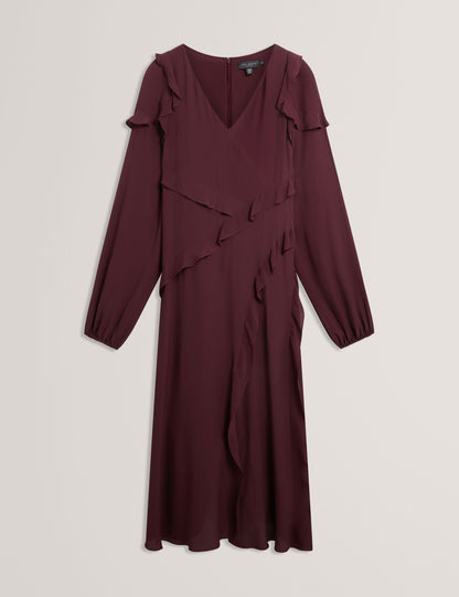 Ted Baker Oxblood Frill Trim Long Sleeve Crepe Midi Dress Women's