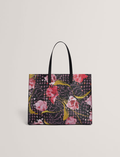 Ted Baker Tulah Floral Check Print Wide Icon Tote Bag In Black Women's