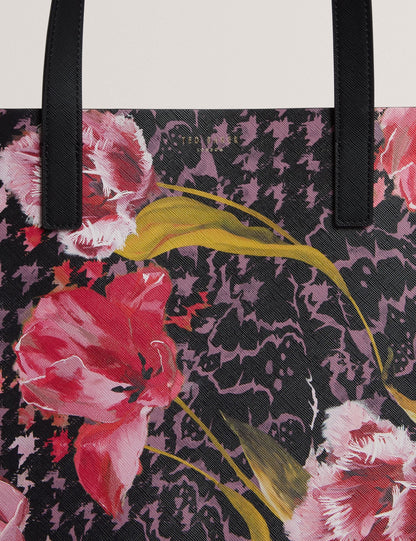 Ted Baker Tulah Floral Check Print Wide Icon Tote Bag In Black Women's