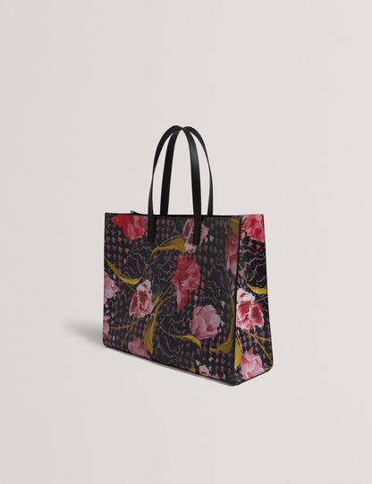 Ted Baker Tulah Floral Check Print Wide Icon Tote Bag In Black Women's