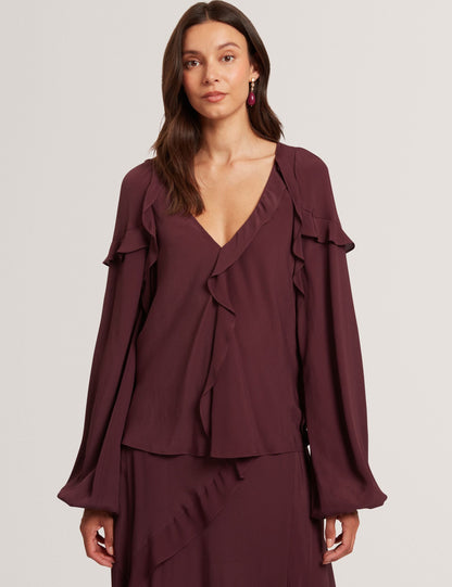 Ted Baker Oxblood Waterfall Ruffle Trim Long Sleeve Blouse Women's