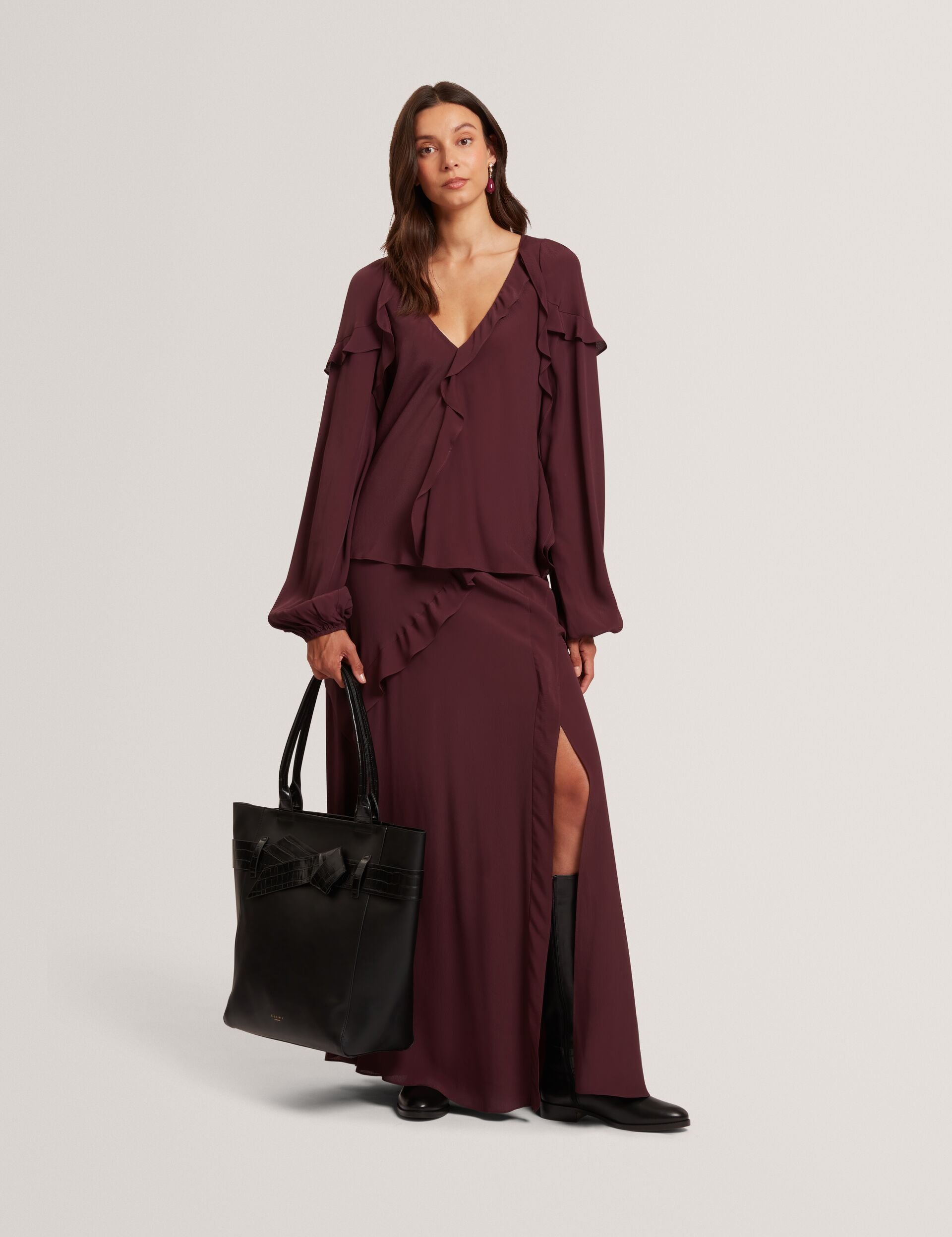 Ted Baker Oxblood Waterfall Ruffle Trim Long Sleeve Blouse Women's