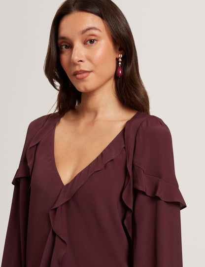 Ted Baker Oxblood Waterfall Ruffle Trim Long Sleeve Blouse Women's