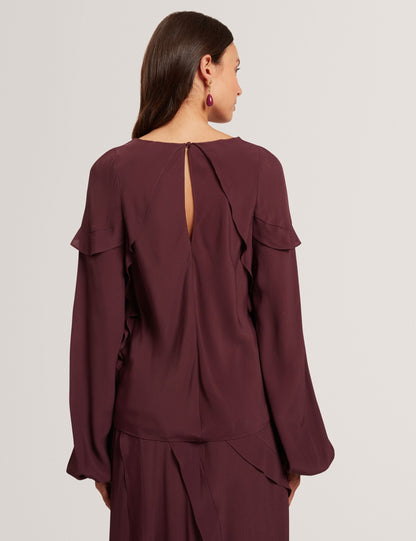 Ted Baker Oxblood Waterfall Ruffle Trim Long Sleeve Blouse Women's