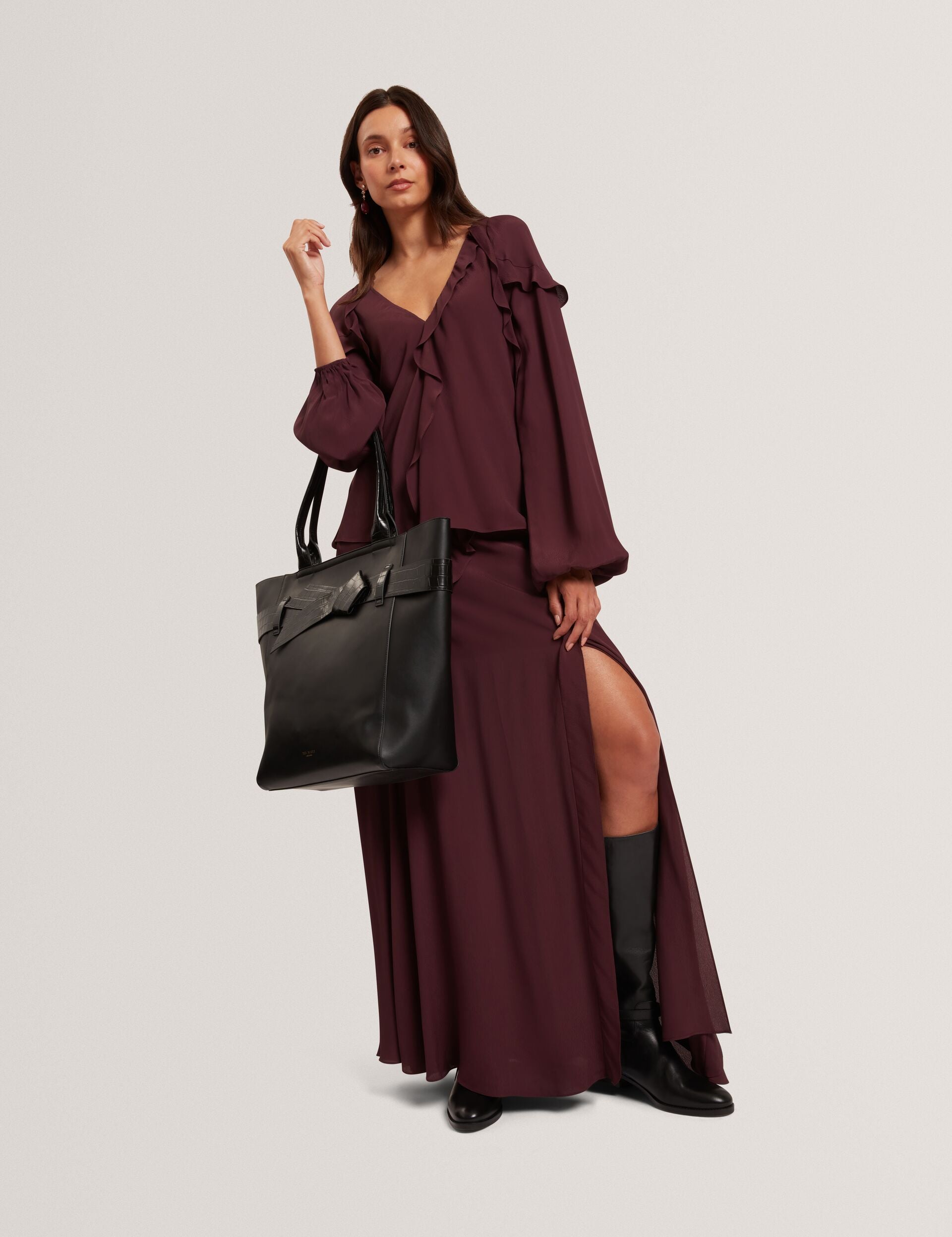 Ted Baker Oxblood Waterfall Ruffle Trim Long Sleeve Blouse Women's