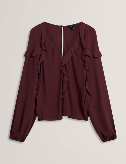 Ted Baker Oxblood Waterfall Ruffle Trim Long Sleeve Blouse Women's