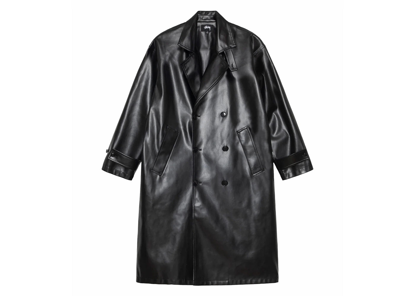 stussy double breasted trench coat black