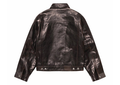 stussy trucker leather jacket dark brown