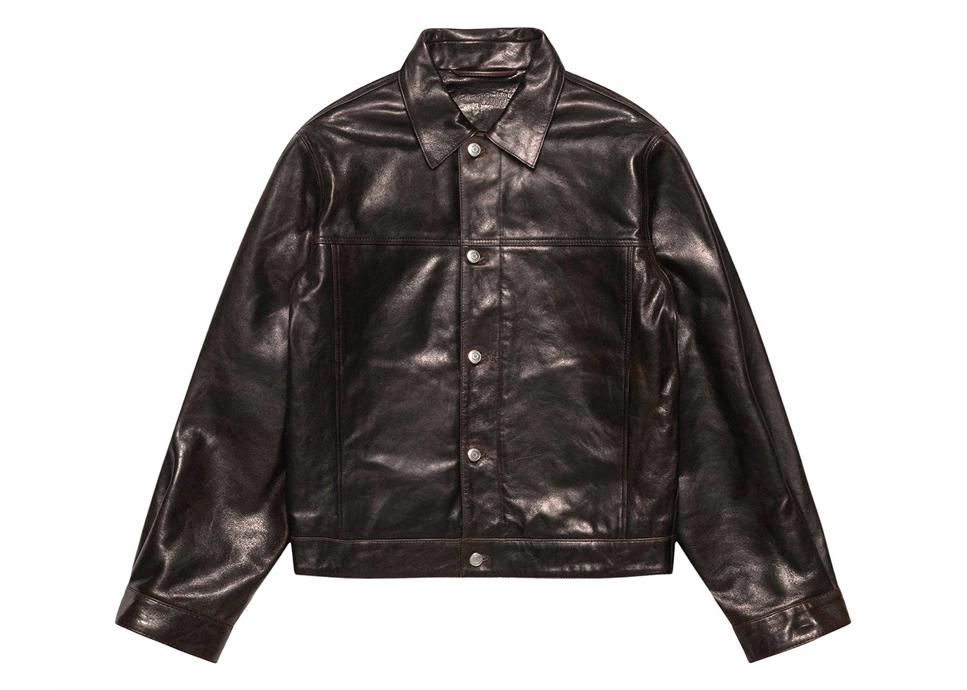 stussy trucker leather jacket dark brown