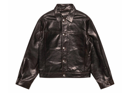 stussy trucker leather jacket dark brown