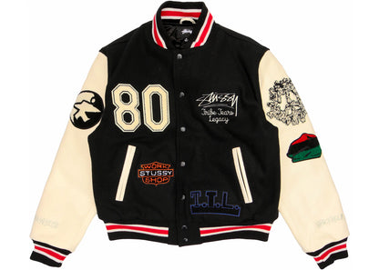 stussy x denim tears x our legacy ttl varsity jacket black/white