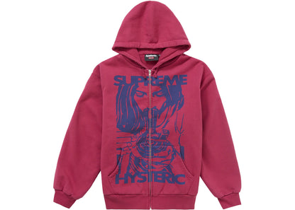 supreme hysteric glamour thermal lined zip up hooded sweatshirt washed red