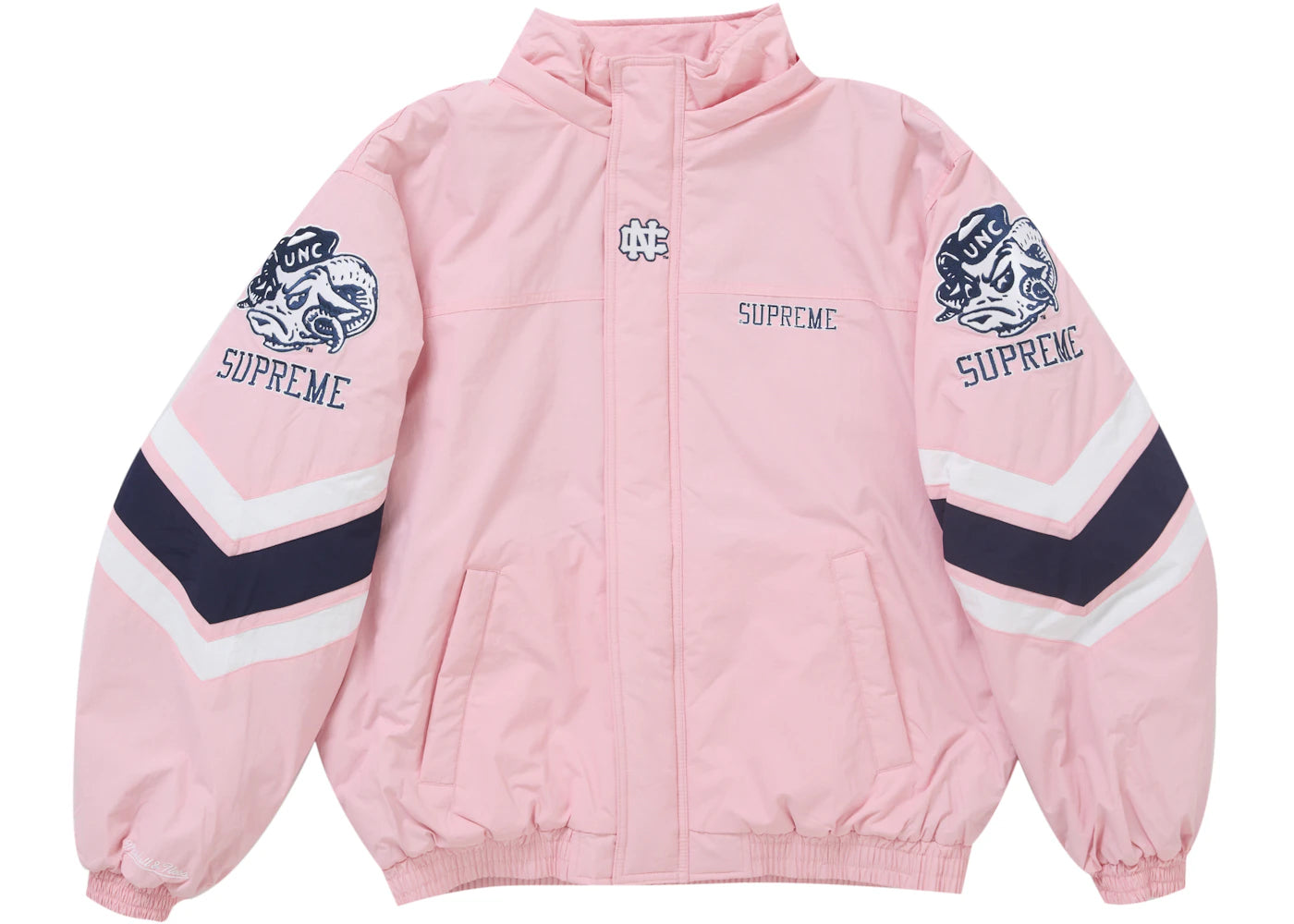 supreme mitchell & ness ncaa hooded stadium jacket pink