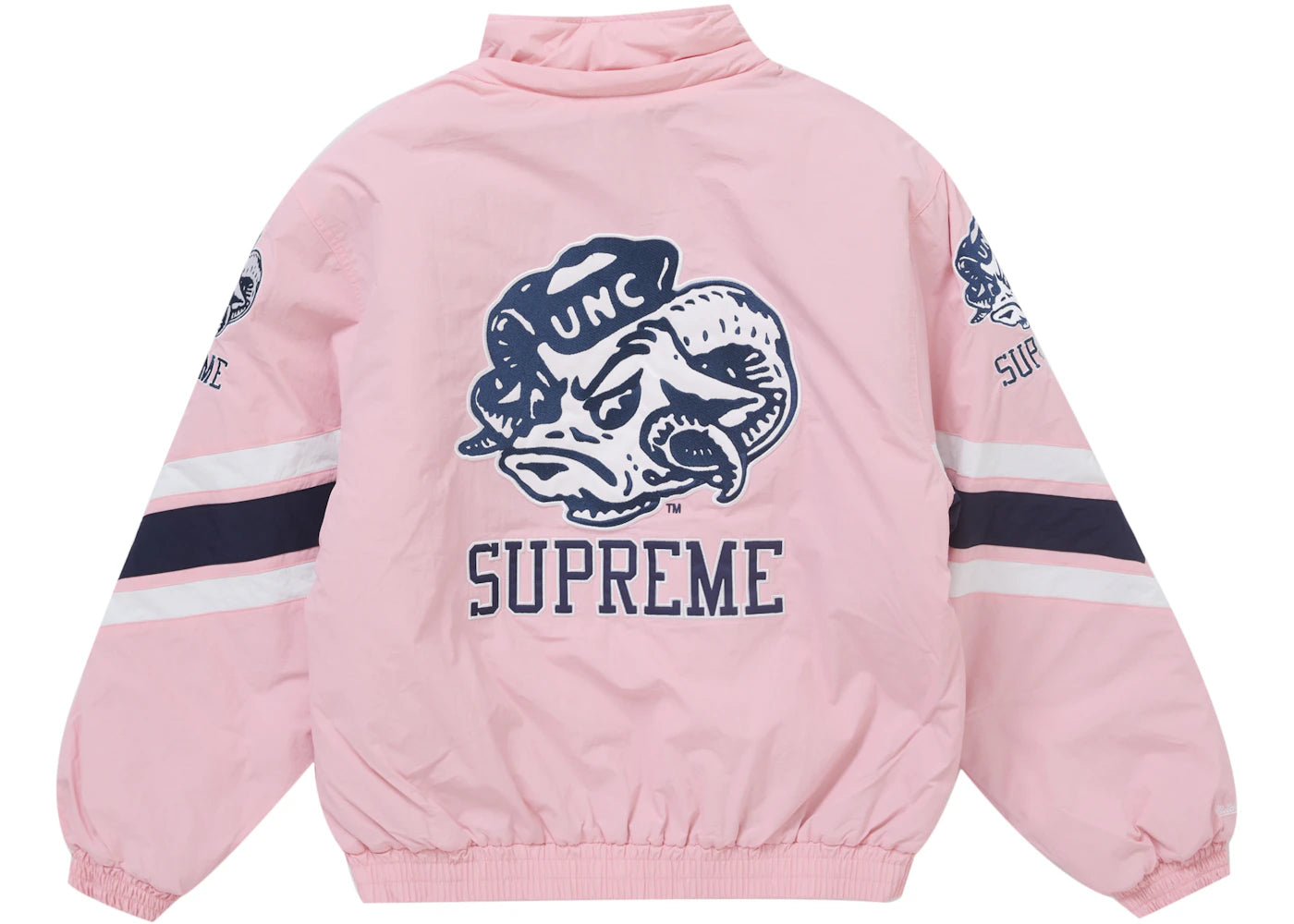 supreme mitchell & ness ncaa hooded stadium jacket pink