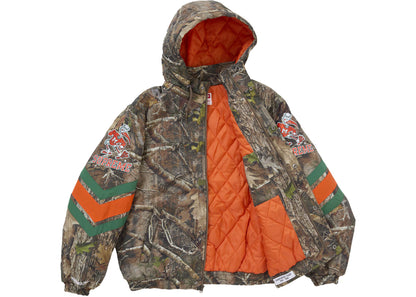 supreme mitchell & ness ncaa hooded stadium jacket woodland camo