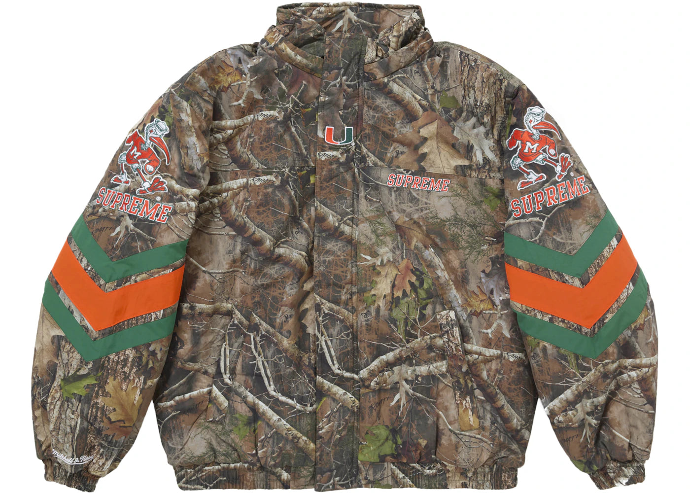 supreme mitchell & ness ncaa hooded stadium jacket woodland camo