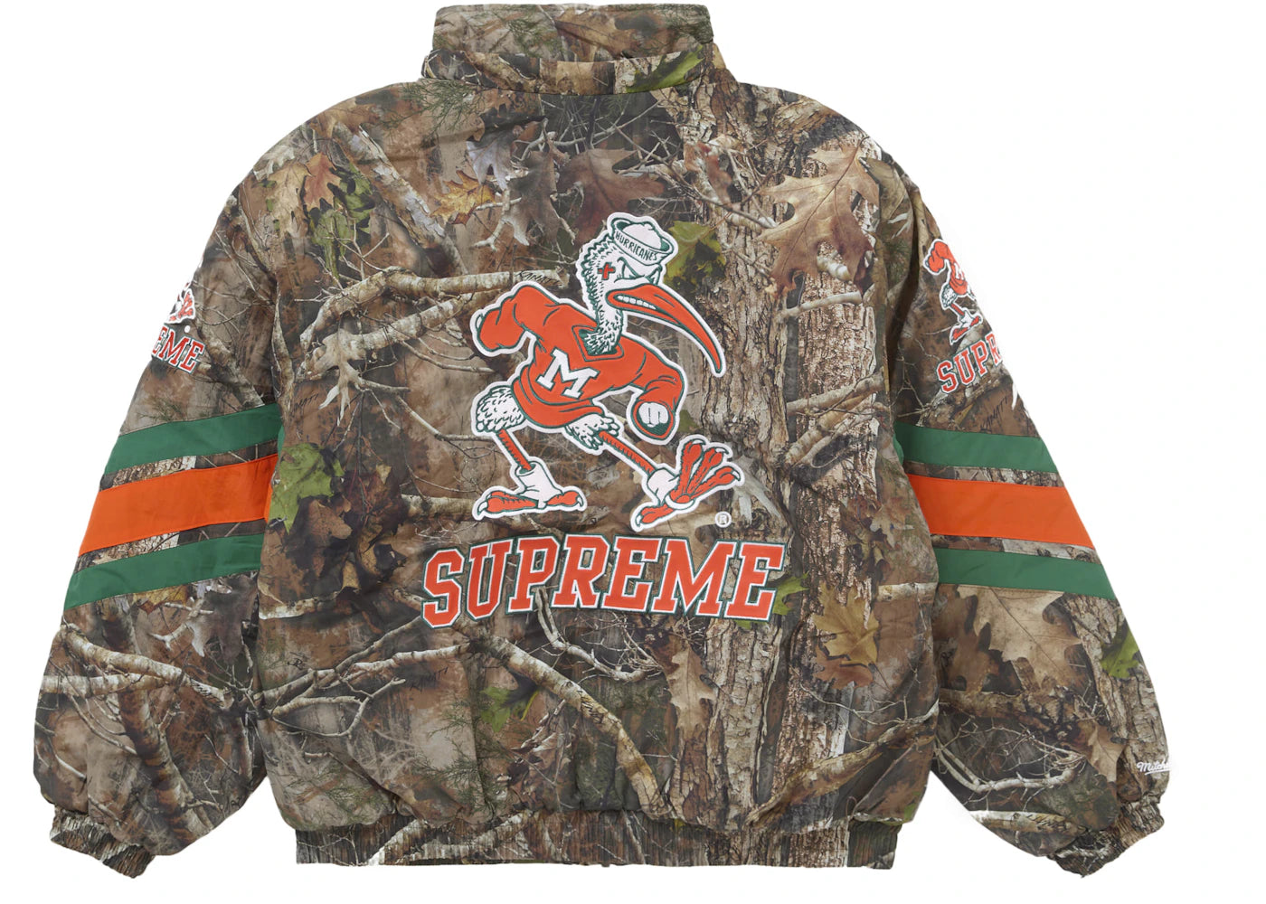 supreme mitchell & ness ncaa hooded stadium jacket woodland camo