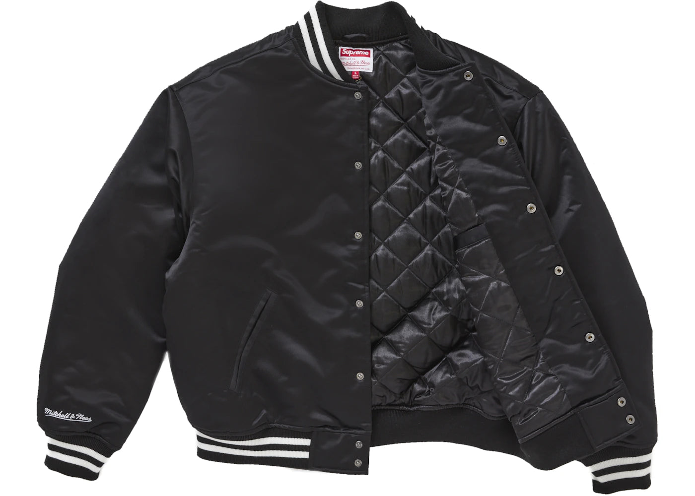 supreme mitchell & ness satin varsity jacket (fw24) black