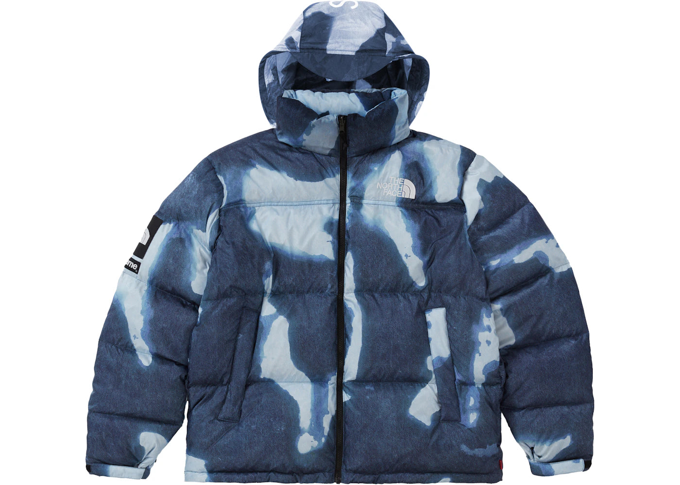 supreme the north face bleached denim print nuptse jacket indigo