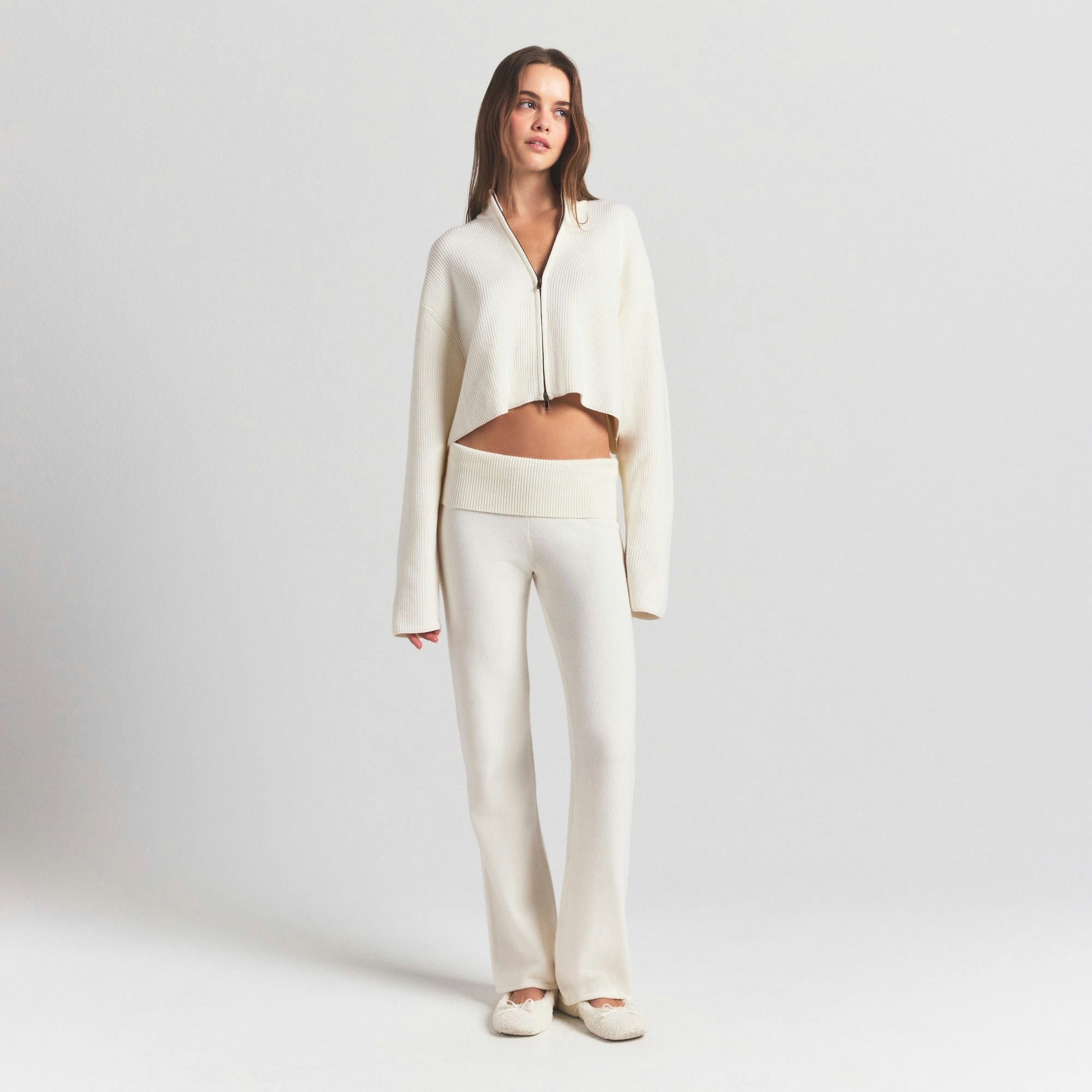 Skims Sweater Knits Ribbed Mock Neck Zip Up Ivory