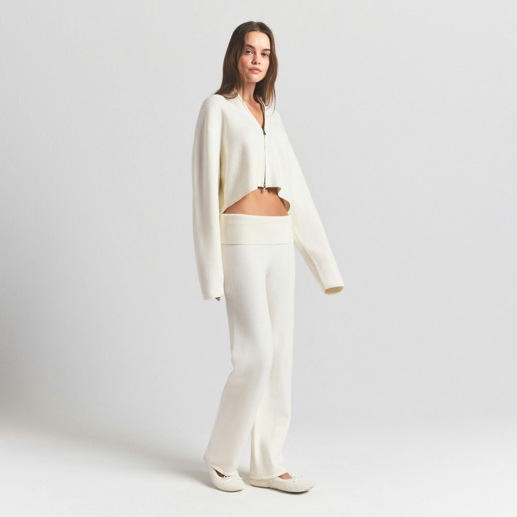 Skims Sweater Knits Ribbed Mock Neck Zip Up Ivory