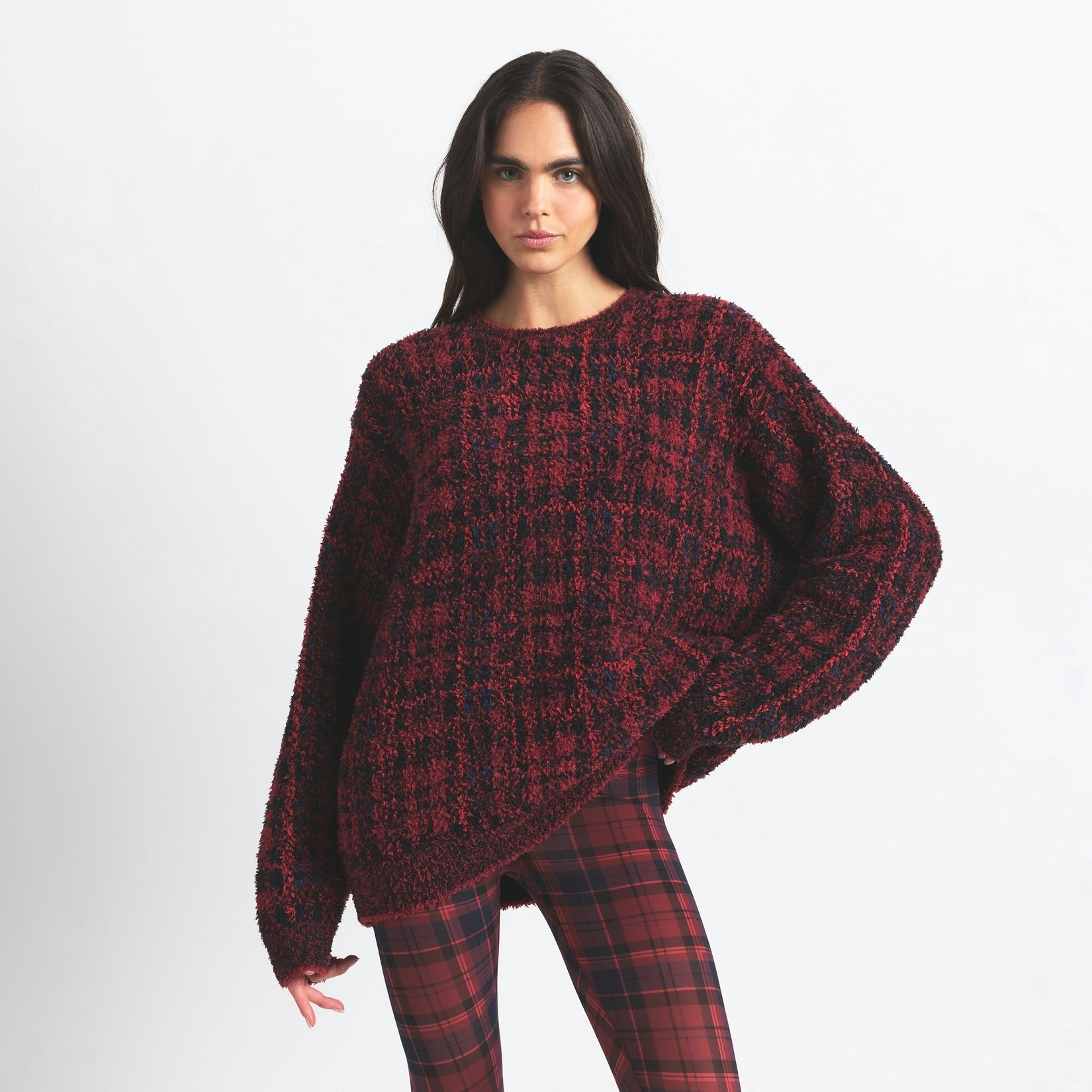 Skims Cozy Oversized Crewneck Pullover Merlot Navy Plaid