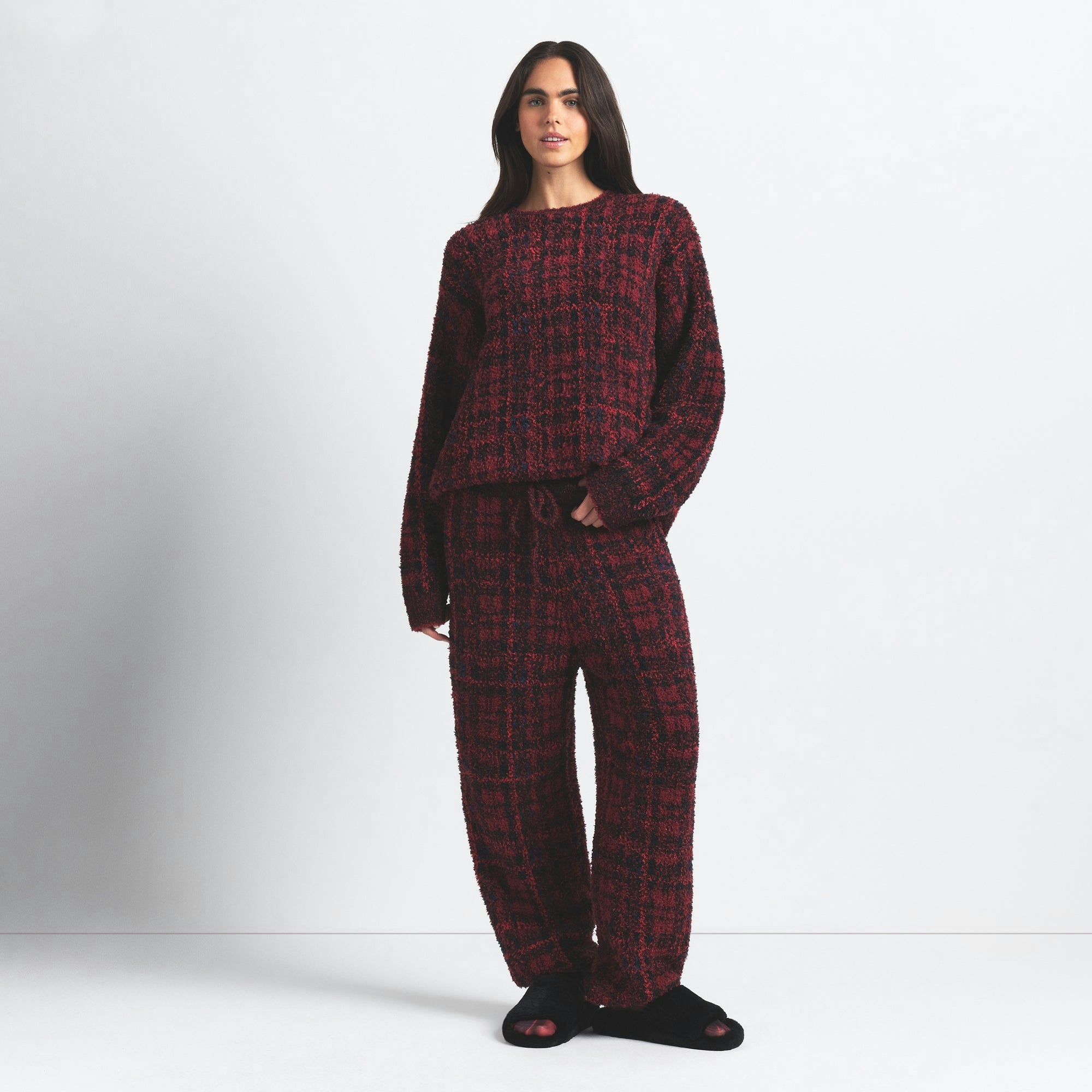 Skims Cozy Oversized Crewneck Pullover Merlot Navy Plaid