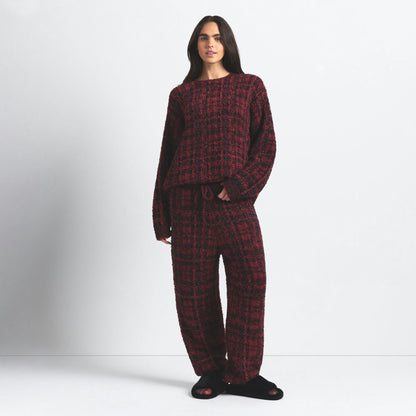 Skims Cozy Oversized Crewneck Pullover Merlot Navy Plaid