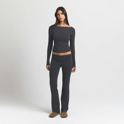 Skims Cotton Jersey Long Sleeve Boatneck Top Ash