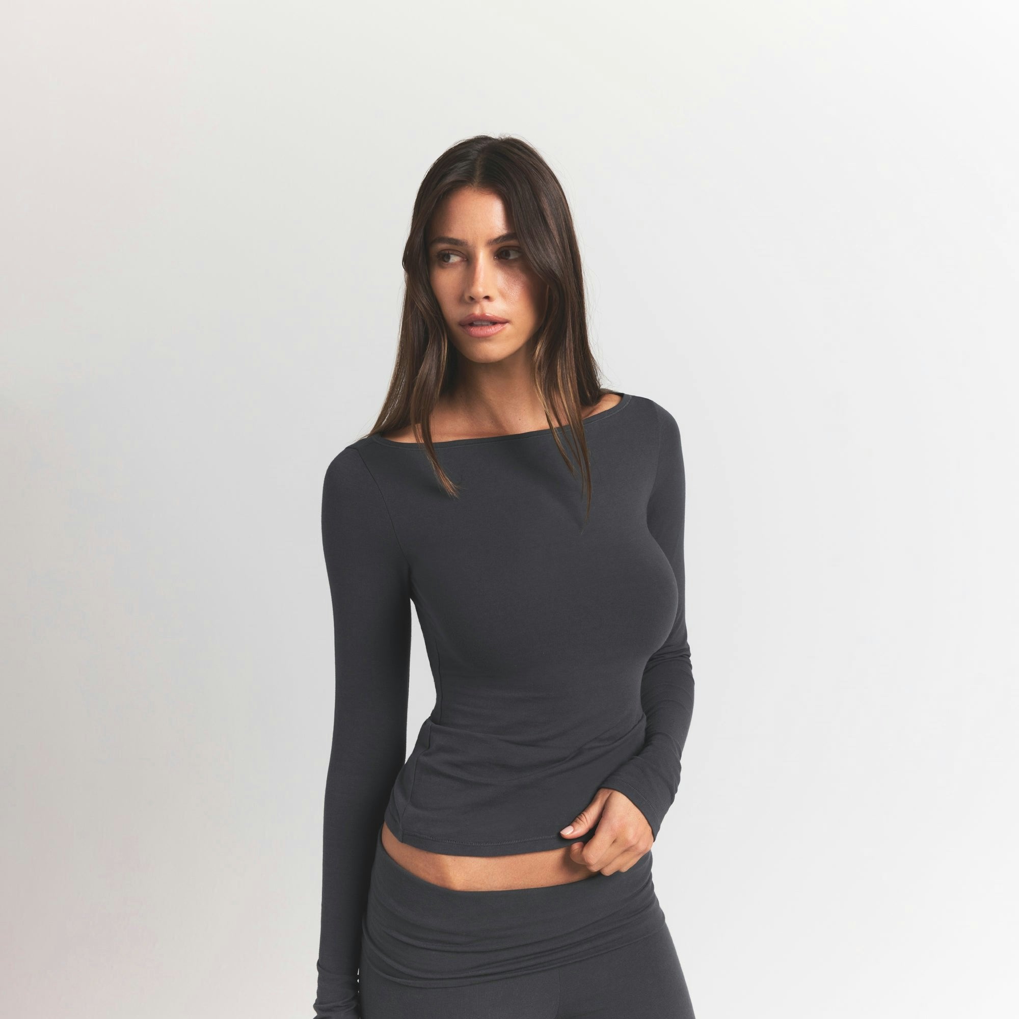 Skims Cotton Jersey Long Sleeve Boatneck Top Ash
