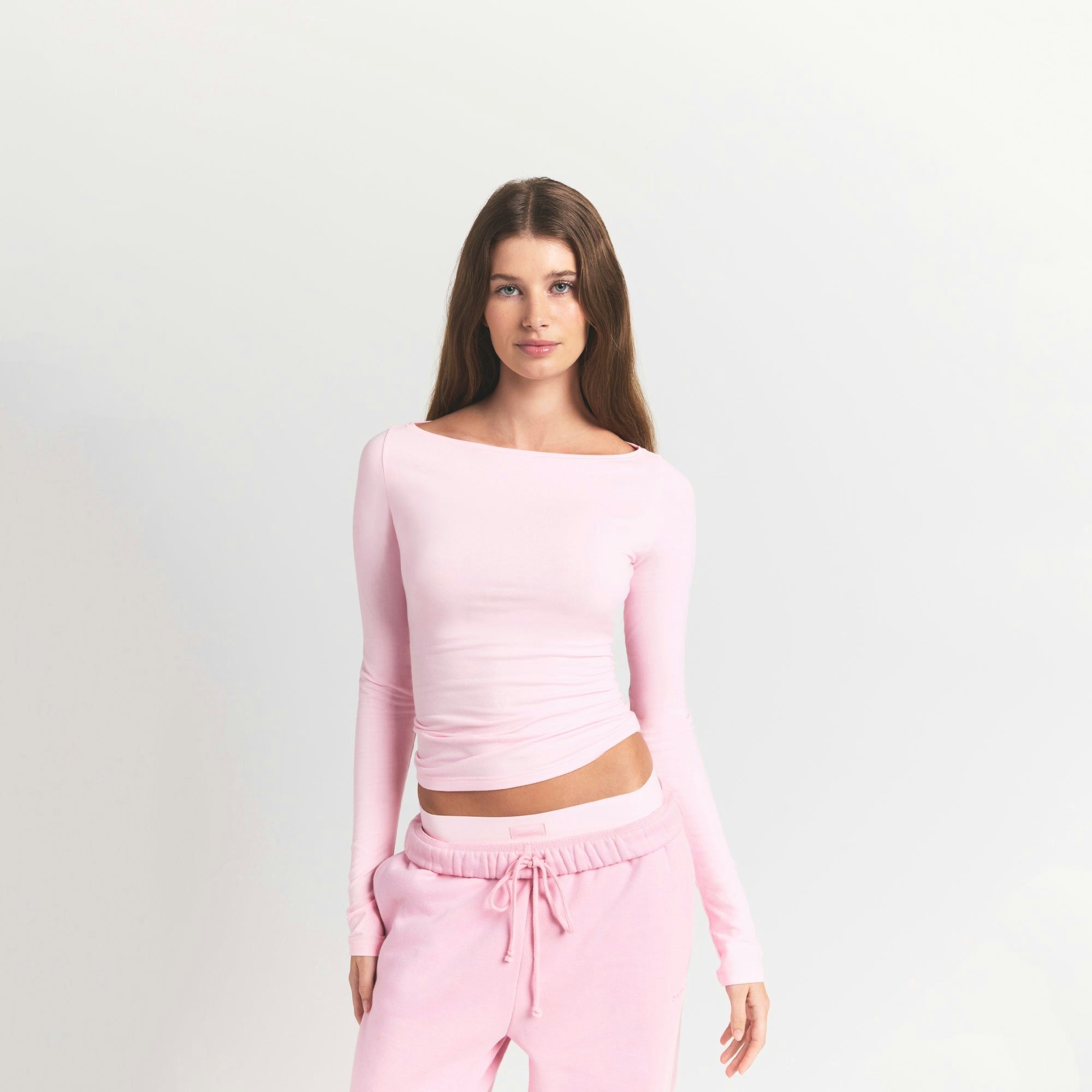 Skims Cotton Jersey Long Sleeve Boatneck Top Cherry Blossom