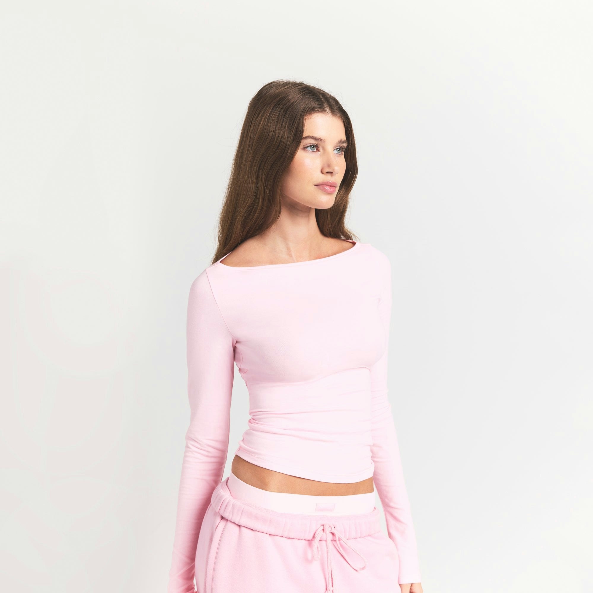 Skims Cotton Jersey Long Sleeve Boatneck Top Cherry Blossom