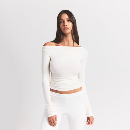Skims Cotton Jersey Long Sleeve Boatneck Top Marble