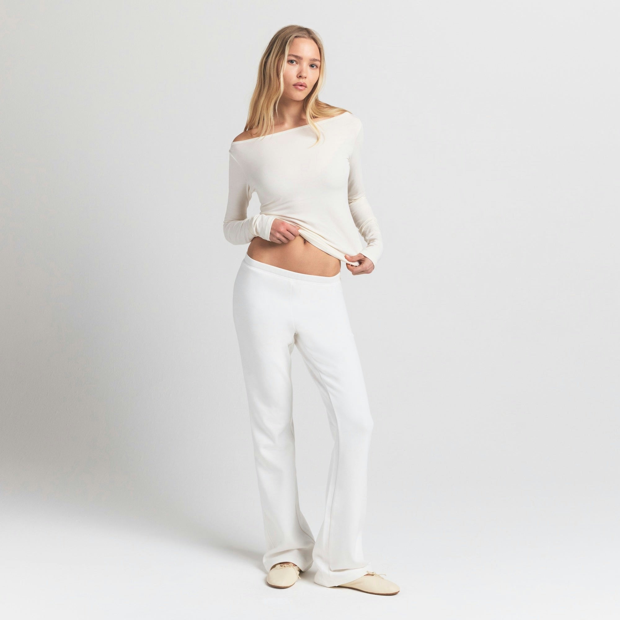 Skims Cotton Jersey Long Sleeve Boatneck Top Marble