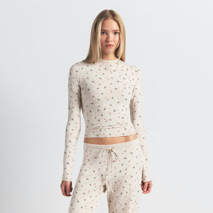 Skims Cotton Jersey Long Sleeve T-Shirt Oatmeal Heather Holly Print