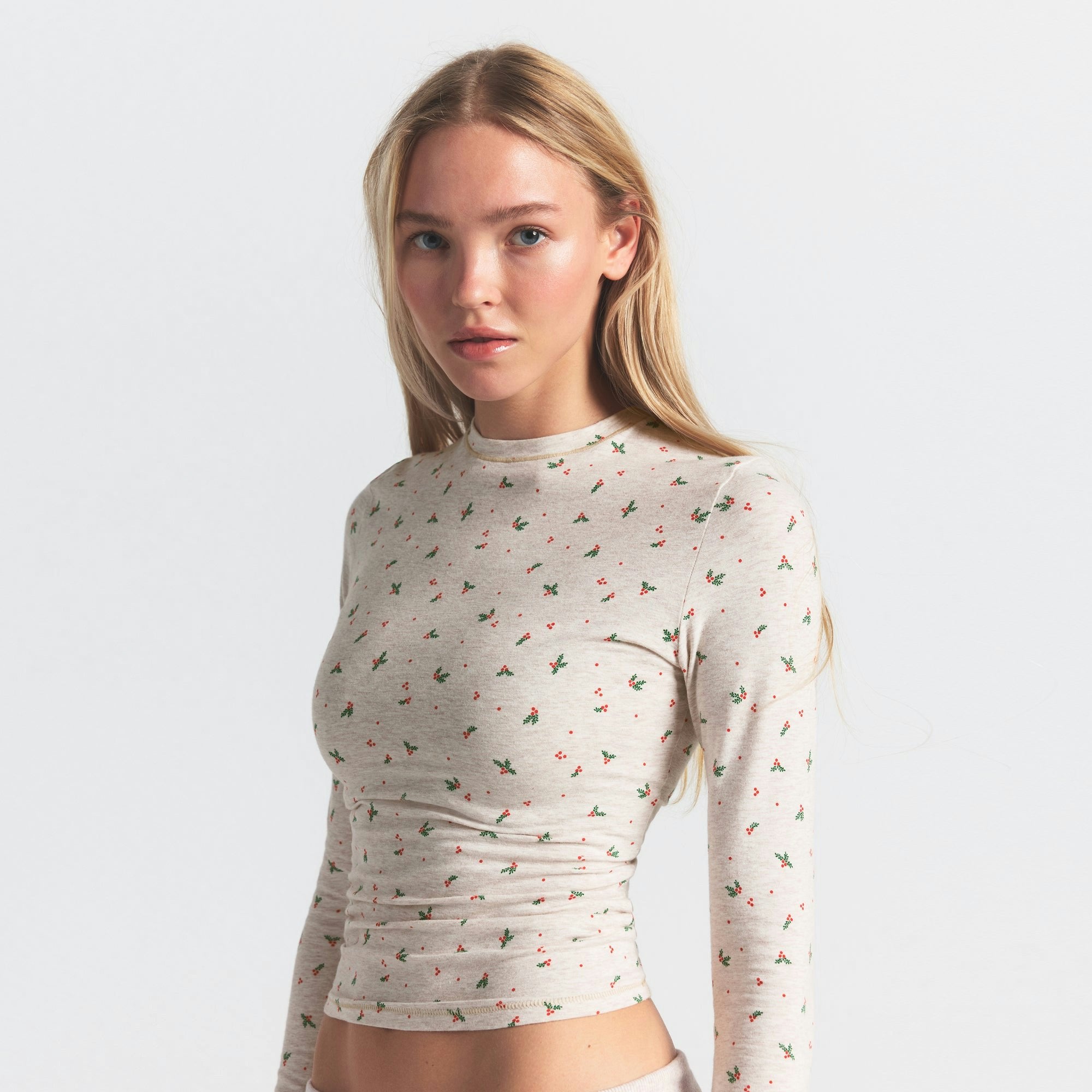 Skims Cotton Jersey Long Sleeve T-Shirt Oatmeal Heather Holly Print