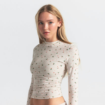 Skims Cotton Jersey Long Sleeve T-Shirt Oatmeal Heather Holly Print