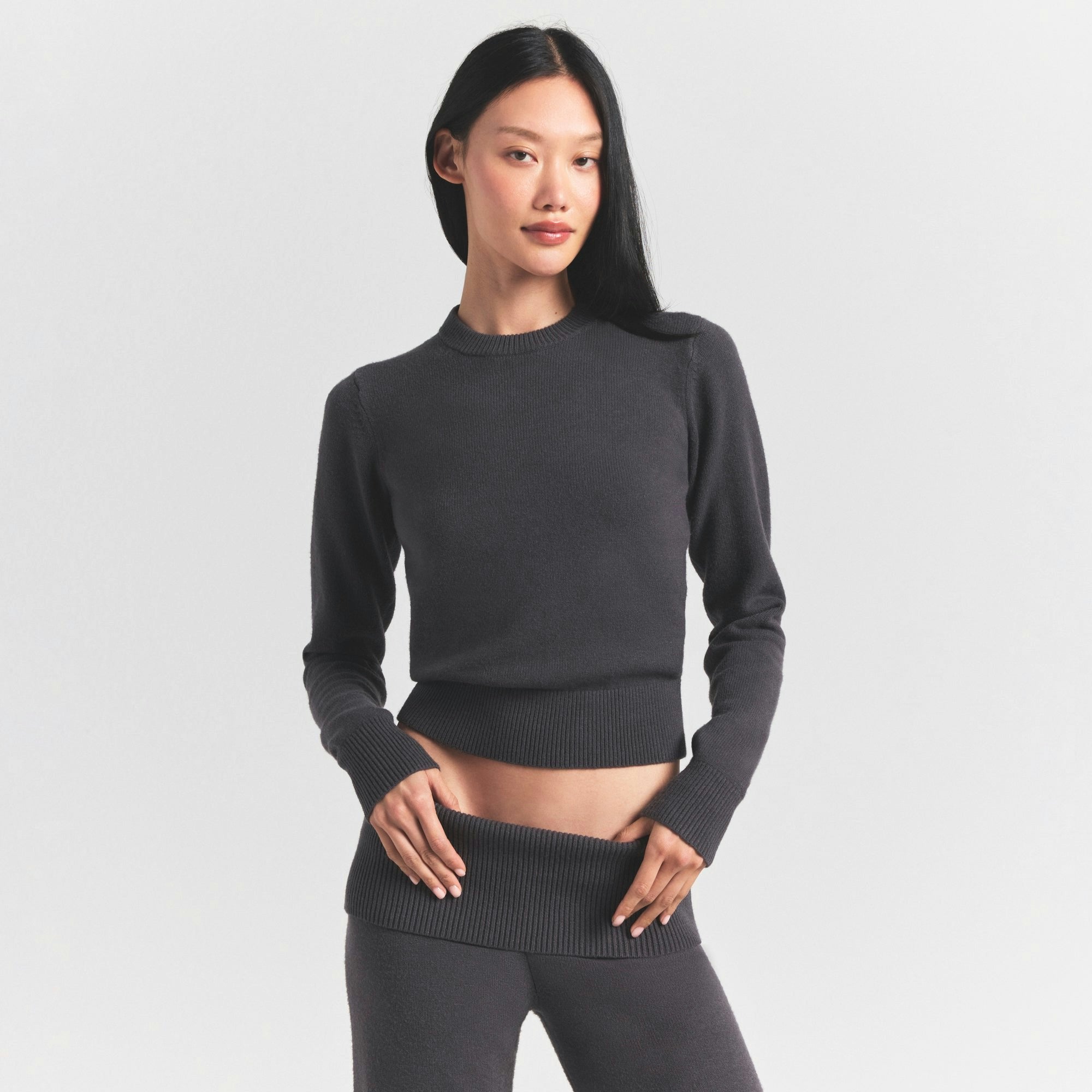 Skims Sweater Knits Ribbed Long Sleeve Fitted Crew Neck Ash