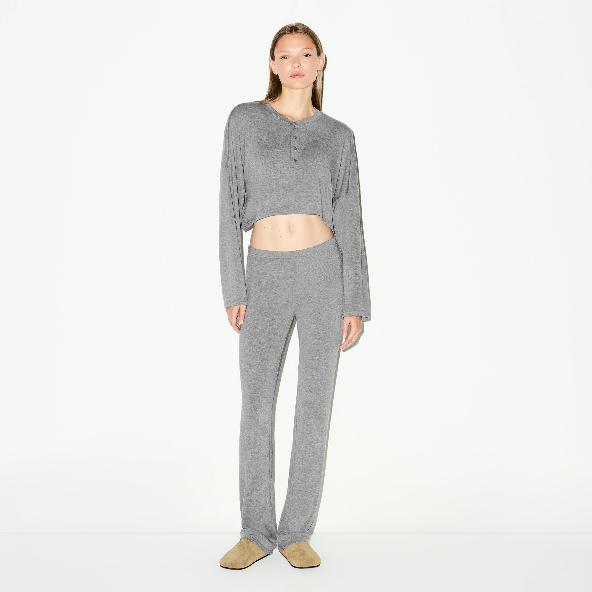 Skims Lightweight Modal Cropped Henley Dark Heather Grey