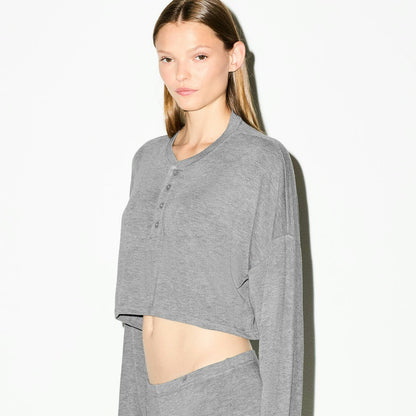 Skims Lightweight Modal Cropped Henley Dark Heather Grey