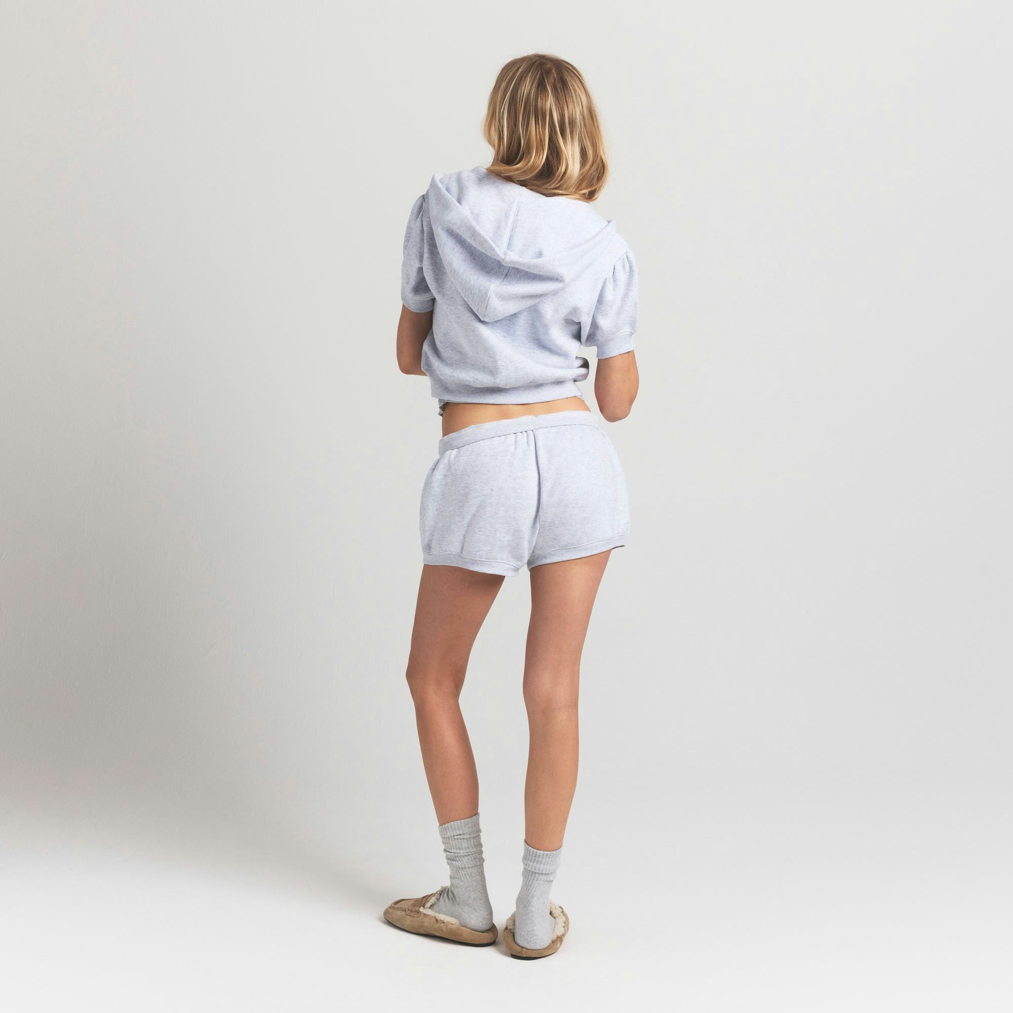 Skims Cotton Fleece Bubble Sleeve Cropped Zip Up Light Heather Grey