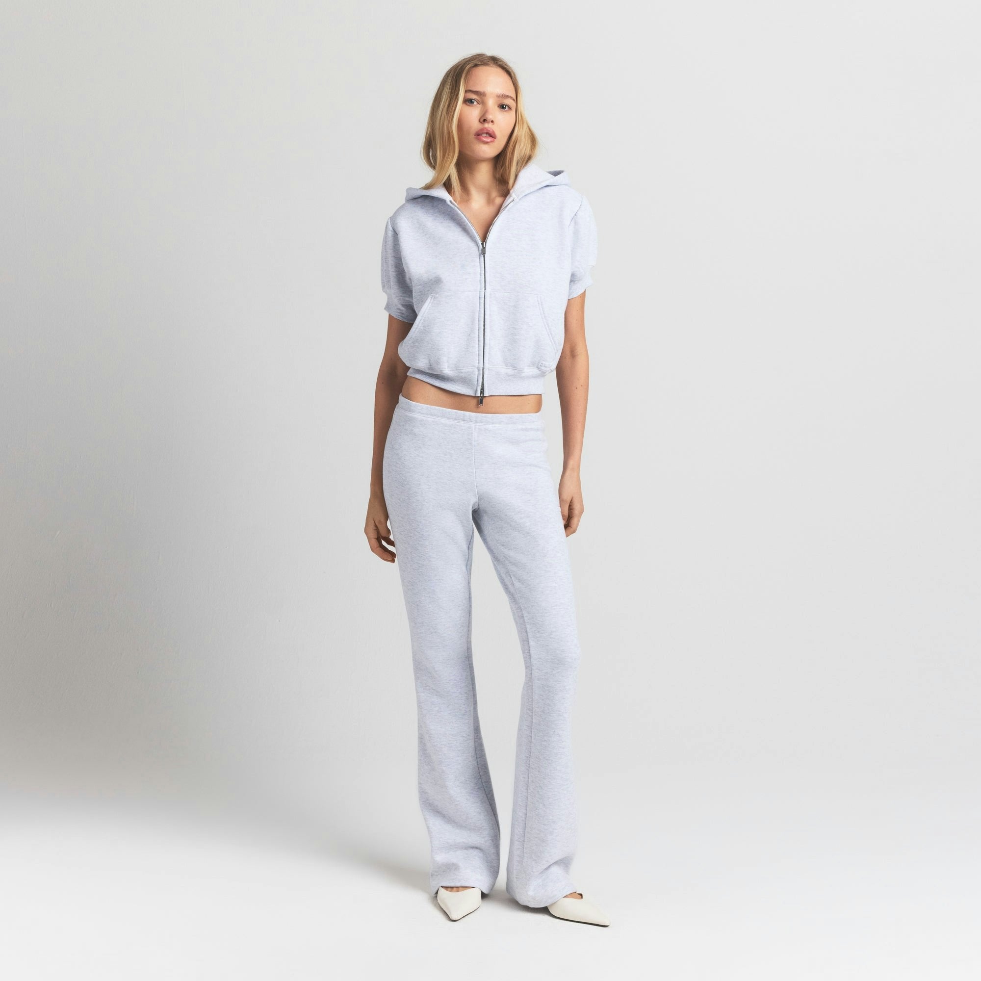 Skims Cotton Fleece Bubble Sleeve Cropped Zip Up Light Heather Grey