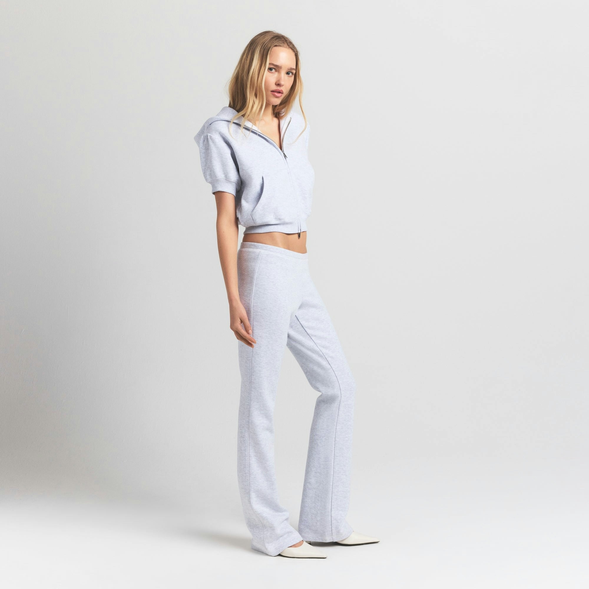 Skims Cotton Fleece Bubble Sleeve Cropped Zip Up Light Heather Grey
