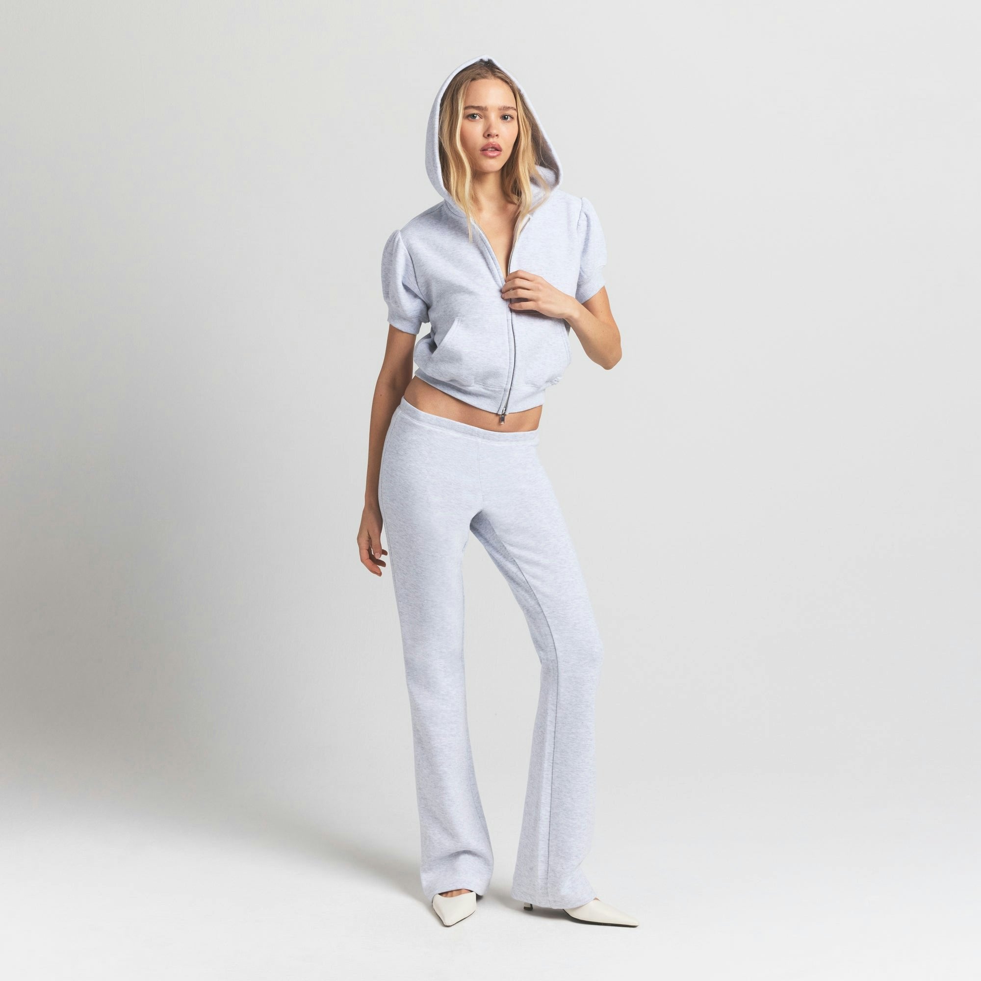 Skims Cotton Fleece Bubble Sleeve Cropped Zip Up Light Heather Grey