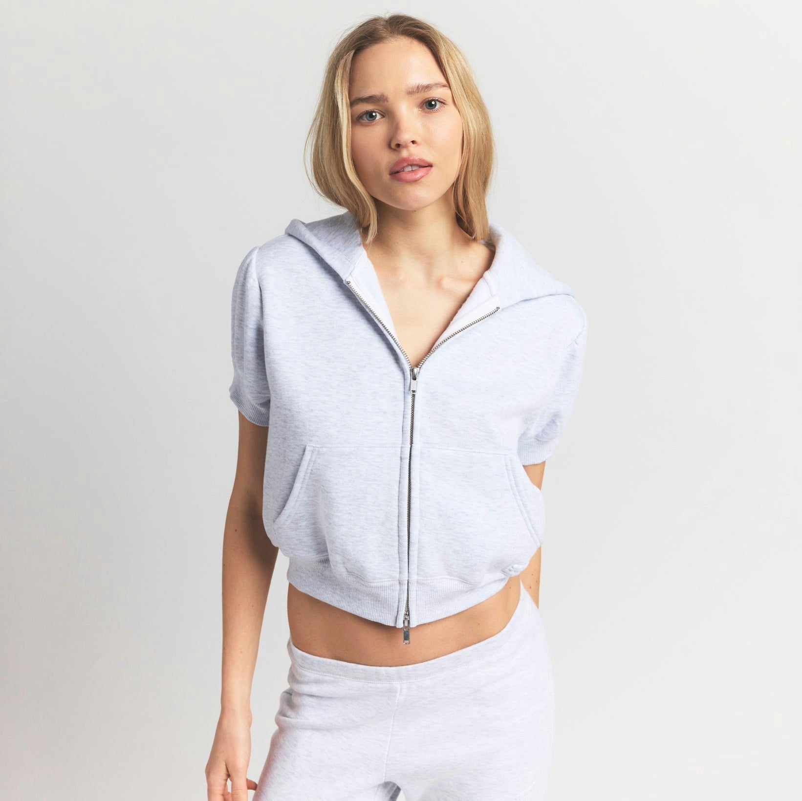 Skims Cotton Fleece Bubble Sleeve Cropped Zip Up Light Heather Grey